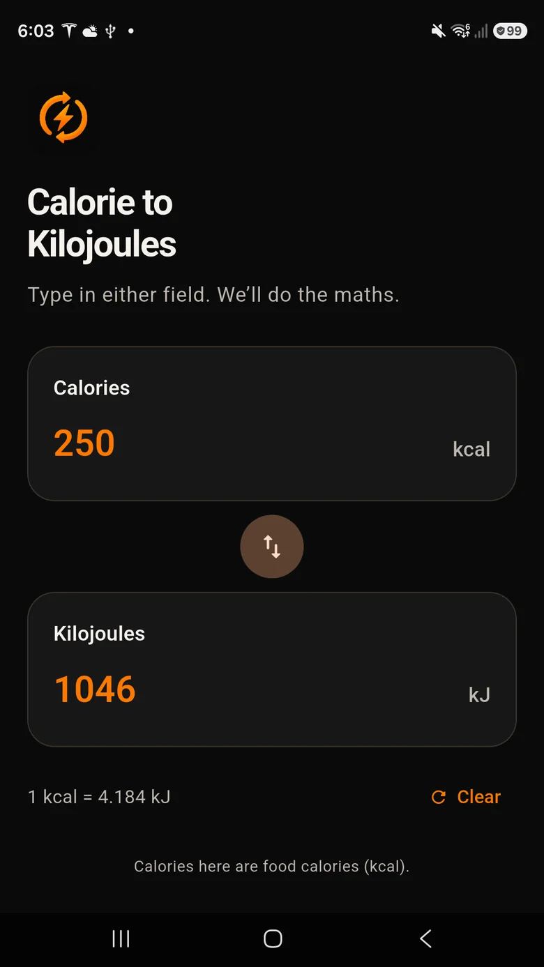 Calorie to Kilojoules app preview