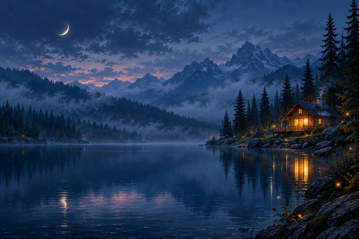 A quiet mountain lake and a warmly lit cabin at dusk